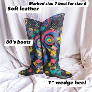 80s handmade rainbow painted leather & studded leather tall boots